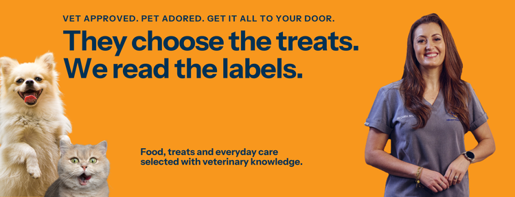 Promotional banner for pet treats featuring a smiling woman in gray scrubs on the right, a white dog on the left, and a gray cat near the bottom left, set against a solid orange background with blue text. Dr Carra veterinarian.