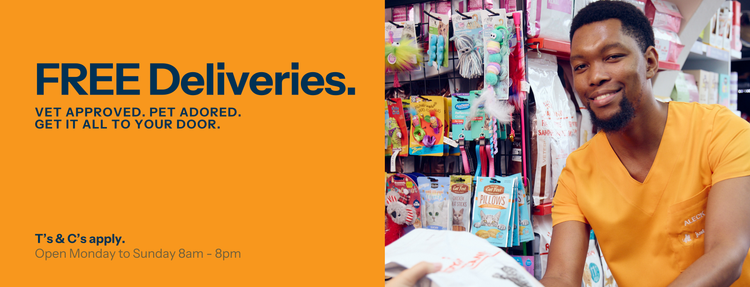 Promotional banner for T's & C's featuring a smiling man in an orange shirt on the right, next to a bright orange left section with the text 'FREE Deliveries. VET APPROVED. Hillcrest KZN free delivery.