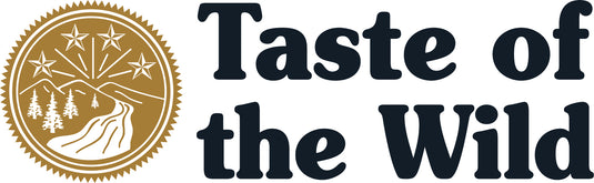 A logo featuring a gold circular emblem with a mountain, trees, and stars on the left, next to the dark navy text 'Taste of the Wild' on a white background.